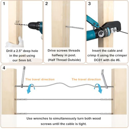 Cable Railing Hardware 1/8" T316 Swage Lag Screws for Wood Post 100Pack | Marine Grade T316 Stainless Steel, Right & Left Hand Thread for Stair/Deck Cable Railing Kits with Wrench, Steel DN Mate DM50 - color: Silver