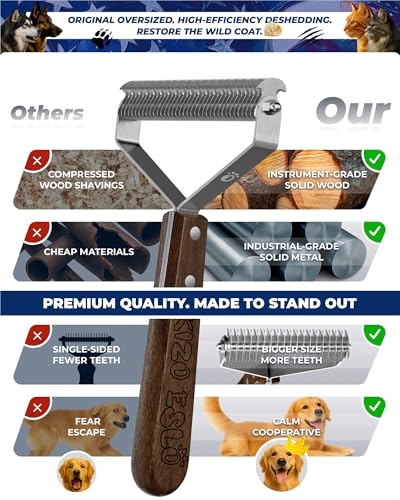 Dog Brush for Shedding 20 Blade Dematting Tool Pet Brush Dual Side, Undercoat Rake for Large Medium Small Dogs and Cats, Shedding Dog Comb for Grooming, Premium Wood Handle - size: L Pro - Walnut
