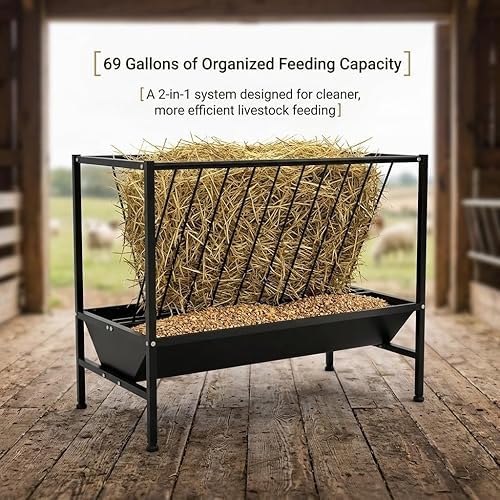 69 Gallon 2-in-1 Farm Feeder, Hay & Grain Livestock Feeding Unit with Steel Frame for Barn & Pasture