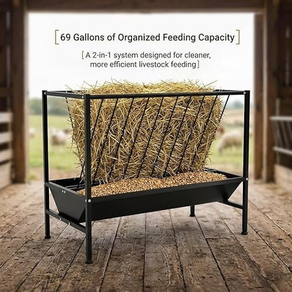 69 Gallon 2-in-1 Farm Feeder, Hay & Grain Livestock Feeding Unit with Steel Frame for Barn & Pasture