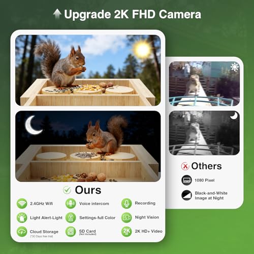 Wooden Squirrel Feeder with Camera, Solar-Powered, 2K HD+ Video | Cloud Storage, Large Capacity, Ideal for Squirrel Lovers