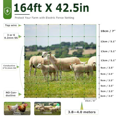 Electric Fence Netting, 164'L x 42.5" H Electric Fence Kit for Livestock, Goat, 14 Posts Double Spiked Portable Electric Poultry Farm Fence - size: 164'L x 42.5" H