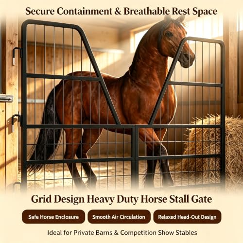 Adjustable Heavy Duty Horse Stall Gate, Horse Stall Door Guards Grille Panel, Sturdy stall Guards for Horses with Thick Steel Frame, Smooth Single Side Opening for Stable Barn Equestrian Daily Use - size: 55"Wx42"H
