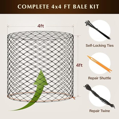 4x4 Ft Round Bale Hay Net for Horses – Knotless Slow Feeder Net with 2” Holes – Fits 4x4 Round Bales – Helps Reduce Hay Waste – Durable Outdoor Hay Feeder for Horses, Year-Round Use, Easy to Use - size: Bale Size 4x4 FT