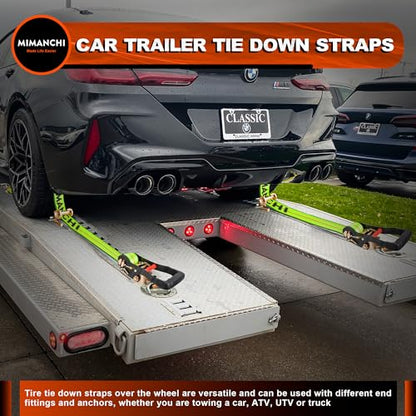 2" x 10'Car Hauler Straps,4Pack,Wheel Strap w/Swivel J Hook Idler | Tire Tie Down Straps with 3 Rubber Blocks Use for Car, Truck, ATV, Heavy Duty Ratchet Vehicle Trailer Tie Down Kit
