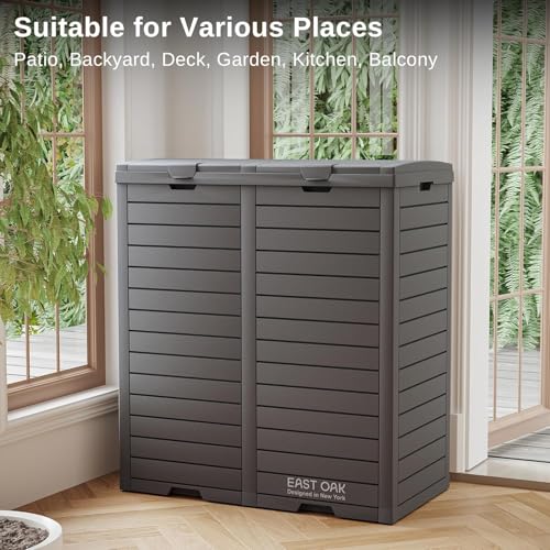 EAST OAK 76 Gallon Outdoor Trash Can, Waterproof Resin Garbage Can with Tiered Lid and Drip Tray, Outside Trash Bin for Patio, Kitchen, Backyard, Deck, Gray - size: Large 76 gallon