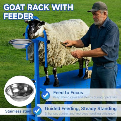 Goat Milking Stand with Ramp, 600LBS Foldable Livestock Trimming Platform, Metal Grooming Stand with Adjustable Headpiece & Stainless Steel Feeder for Nubian & Dwarf Goats