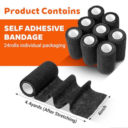 24 Rolls Self Adhesive Bandage Wrap, Black Vet Wrap 4 Inch for Horses Dogs Wounds Care Dressings, Elastic Self Stick Cohesive Bandage Wraps, Wrist, Sports, Ankle Tape Leg Wraps