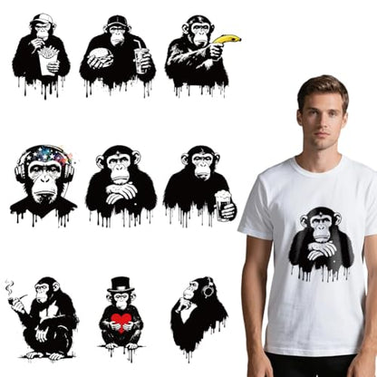 arricraft 9 Sheets Chimpanzee Theme Iron on Stickers, Black Gorilla Pattern Print Transfer Stickers Decals for DIY T-Shirt Jeans Backpacks Families Clothing Hat Decoration Applique - style: Chimpanzee Theme