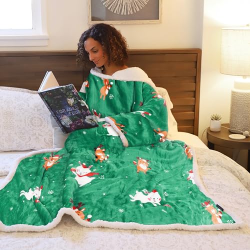 Catalonia Sherpa Wearable Blanket with Sleeves and Pocket for Adults - color: Ribbit Deer Green, size: Standard Pocket