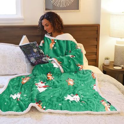 Catalonia Sherpa Wearable Blanket with Sleeves and Pocket for Adults - color: Ribbit Deer Green, size: Standard Pocket