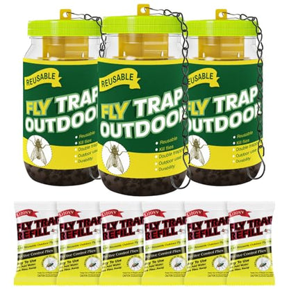 3 Reusable Fly Traps Outdoor Bottles, Fly Killer Catcher Jar with 6 Bait | Flies Bug Insect Trap Control Outdoor Hanging for Outside Barns, Stable, Farm, Patio, with Natural Bait Refills Lure - size: 3 pack2