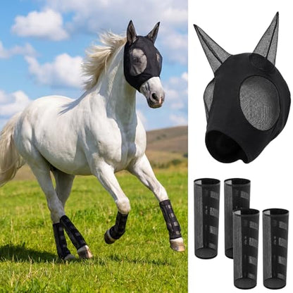 Hsei Mule Horse Fly Mask Set with Fly Boots with Ears Breathable Pony Equine Mask Horses Accessories for Pony Miniature Foal Draft Cob Arabian Donkey Farm Pet Small
