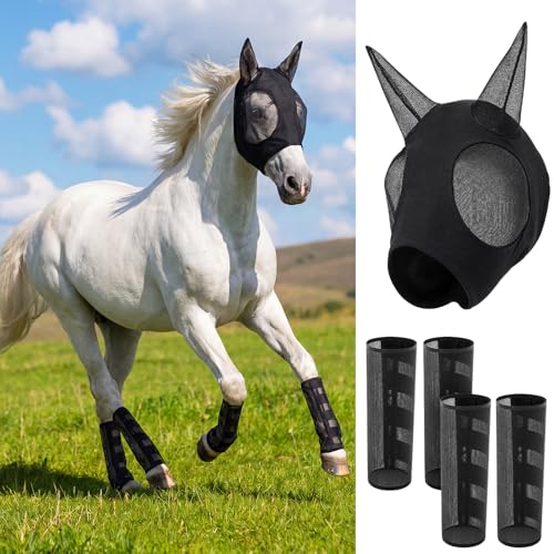 Hsei Mule Horse Fly Mask Set with Fly Boots with Ears Breathable Pony Equine Mask Horses Accessories for Pony Miniature Foal Draft Cob Arabian Donkey Farm Pet Small