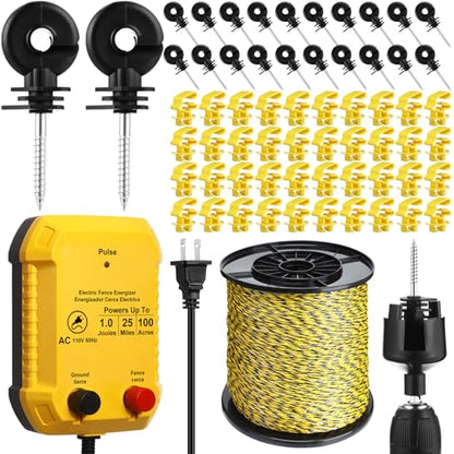 Electric Fence Kit, 25 Mile 110 VAC 1 J Fence Charger, 3366 ft Polywire - size: 3366FT, style: 1J