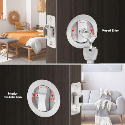 Dontay Pocket Door Keyed Lock, Round Contemporary Entrance Sliding Barn Door Lock Latch, Recessed 2 Sided, 2-3/8 inch Backset, Flush Handles Hardware(Brushed Nickel,2) - color: Brushed Nickel