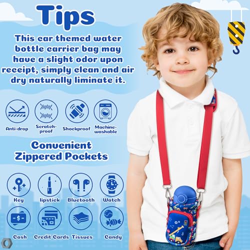 Water Bottle Carrier Bag with Strap for Kids - Water Bottle Bag Holder with Padded Strap Pocket 10/12/14/16/18Oz for Boys Girls School Walking Hiking Camping - style: Cartoon Car