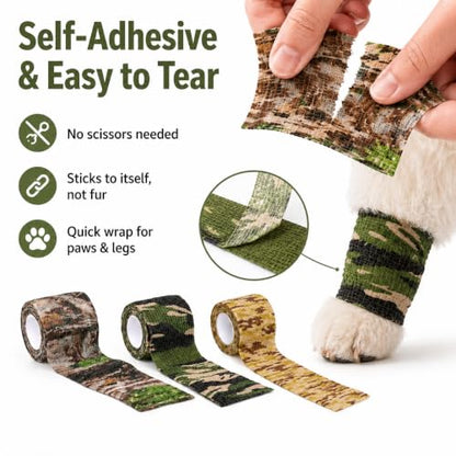 3 Pack Camo Pet Self Adhesive Bandage Wrap 2 Inch x 5 Yards Cohesive Tape for Dogs Cats Animals Wound Care Sprains and Swelling