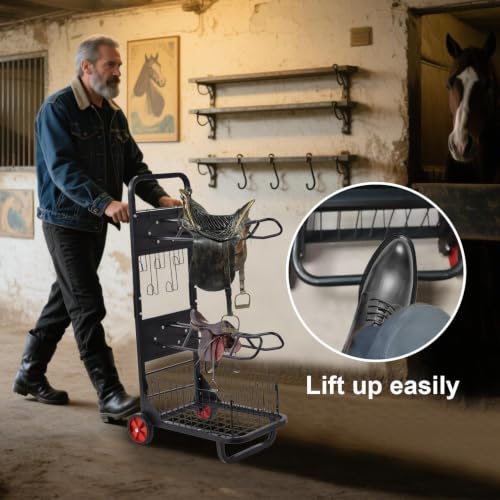 Rolling Saddle Rack Horse Tack Cart 3 Tier, Heavy Duty Steel Stable Storage Cart with Wheels, Portable Horse Equipment Organizer for Tack Room Trailer Indoor Outdoor