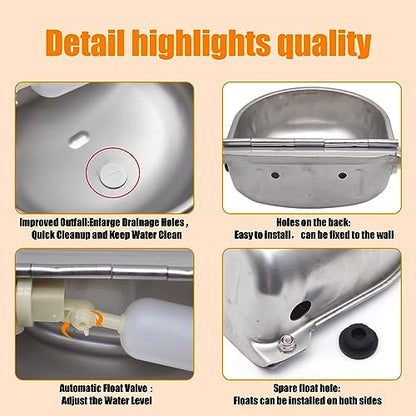 Automatic Livestock Waterer, 304 Stainless Steel Auto Fill Drinking Bowl with Float Valve, Drainage Hole & Protective Baffle, Wall Mount or Floor Stand, for Dogs, Chickens, Horses, Goats, Pigs