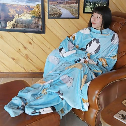 Catalonia Wearable Blanket with Sleeves & Foot Pocket for Adults - color: Cat Blue, size: Fleece