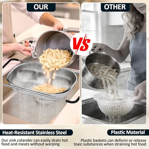 Over the Sink Colander - Strainers and Colanders - Sink Strainer Basket - Expandable Fine Mesh Strainer with Rubber Grip for Veggie, Fruits, Pasta, Home Kitchen Essentials (9.5W x 13.4-21.3L x 3.3H) - color: Light Black