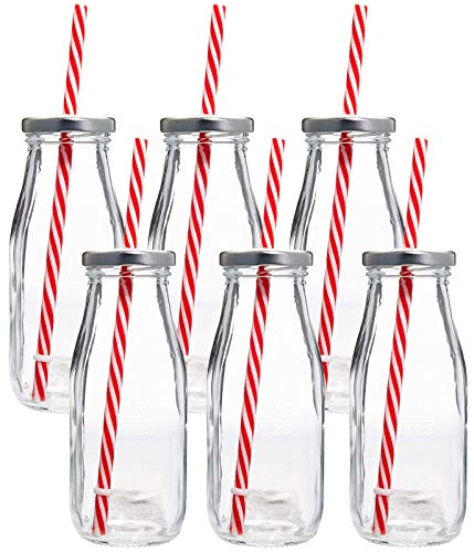 Estilo Glass Milk Bottle with Lid - Milk Glass - Reusable Glass Bottle for Dairy Milk With Straws & Metal Screw On Lids, 10.5 Ounce, Clear, Set of 7