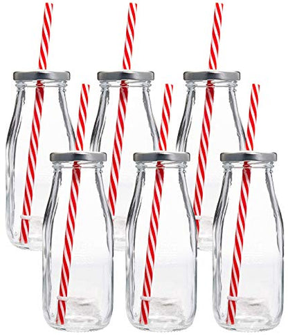 Estilo Glass Milk Bottle with Lid - Milk Glass - Reusable Glass Bottle for Dairy Milk With Straws & Metal Screw On Lids, 10.5 Ounce, Clear, Set of 7