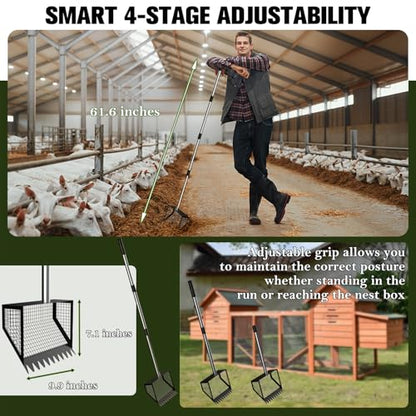 Paulno Chicken Coop Rake and Scoop 2-in-1 Chicken Poop Scooper | 62" Adjustable, Stainless Steel Sifting Shovel, For Sand, Animal Waste, Heavy Duty Dog Pooper Scooper, For Coops & Pets