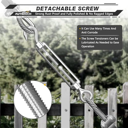 AUTMATCH M4 Hook & Eye Turnbuckle - 304 Stainless Steel Wire Rope Tensioner | Adjustable Turnbuckle for Cable Railing, Fence & Shade Sail Hardware, Wire Rope Tension Kit, 6-Pack, Silver - color: Silver Tone - Hook & Eye, size: M4