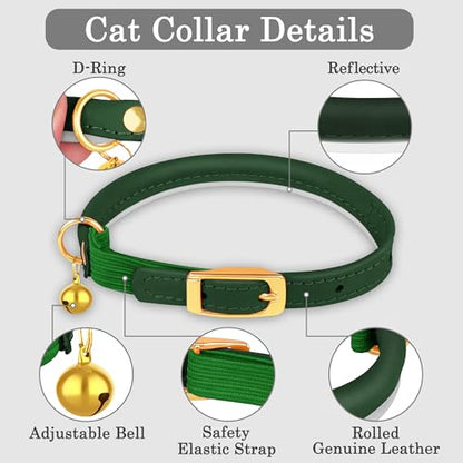 OOPSDOGGY Rolled Leather Cat Collar with Bell - Reflective Kitten Collar with Safety Elastic Strap - Adjustable Small Pet Collars for Boy Girl Cats (Green) - color: Green