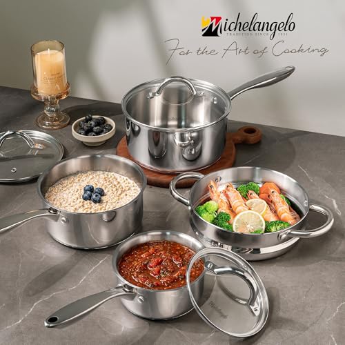 MICHELANGELO Stainless Steel Pot Set with Steamer, 1QT & 2QT & 3QT, 7-Piece - size: 1+2+3QT