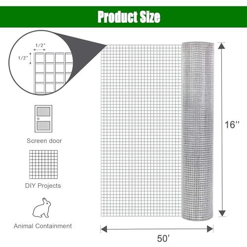 GANGHAO Hardware Cloth 19 Gauge 1/2 inch 16 x 50 ft, Chicken Wire Mesh Roll, Wire Fencing, Wire Fence Roll, Galvanized Wire Mesh, Guard Mesh