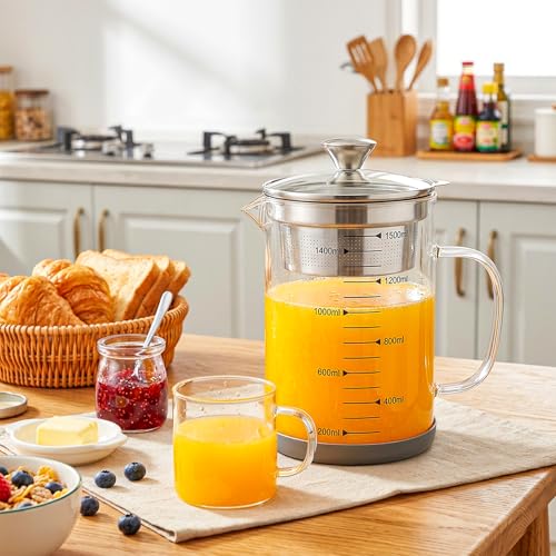 Jucoan Glass Bacon Grease Container with Strainer for Kitchen, 50 oz /1.5L High Borosilicate Glass Greek Yogurt Strainer, MultiFunctional Almond Soy Milk Nut Milk Juice Strainer Filter Pitcher