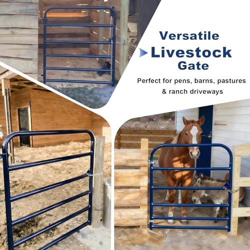 4 ft W x 50 in H Farm Gate, 6-Bar Steel Livestock Gate for Horse & Cattle | Heavy-duty horse gate and cattle gate, chain latch and animal-safe spacing for farms and corrals Blue