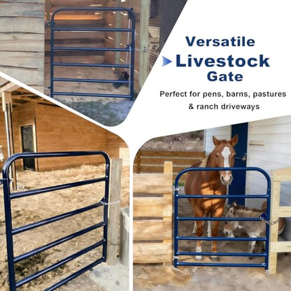 4 ft W x 50 in H Farm Gate, 6-Bar Steel Livestock Gate for Horse & Cattle | Heavy-duty horse gate and cattle gate, chain latch and animal-safe spacing for farms and corrals Blue