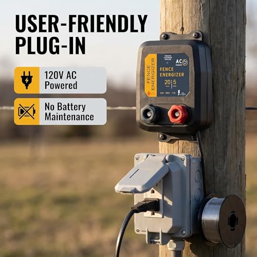 Electric Fence Charger 5 Mile / 20 Acre Range AC Powered 120V with 0.2 Joule Output Includes 250 Ft 17 Gauge Aluminum Wire & 4 Anti-Rust Screws for Raccoons, Skunks, Squirrels & Livestock Protection - color: 0.20 Joule With accessories
