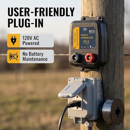Electric Fence Charger 5 Mile / 20 Acre Range AC Powered 120V with 0.2 Joule Output Includes 250 Ft 17 Gauge Aluminum Wire & 4 Anti-Rust Screws for Raccoons, Skunks, Squirrels & Livestock Protection - color: 0.20 Joule With accessories