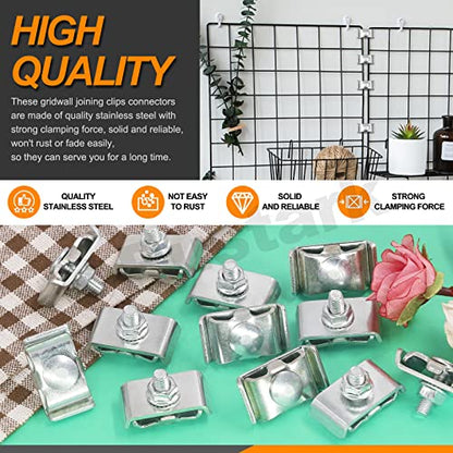 Stainless Steel Gridwall Joining Clip Connectors - 30 Sets, Panel Joining Clips, Wall Clamps for Grid Panels