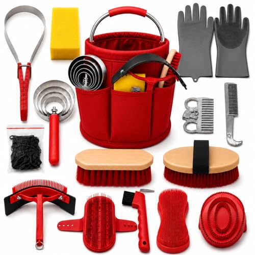 Horse Grooming Kit, 15-Piece Horse Brush Set with Red Tote Bag, Long Shedding Blade, Hoof Pick, Curry Comb, Sweat Scraper, Mane and Tail Comb, Gloves, Equine Grooming Supplies - color: Red