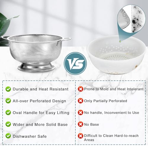 Pleafind Colander for Kitchen - 5 QT & 3 QT Stainless Steel Strainer with Handle, Kitchen Strainer Colanders Bowl for Pasta, Noodles, Spaghetti, Vegetables and Fruits, Rust-Resistant & Dishwasher Safe - size: 5QT&3QT