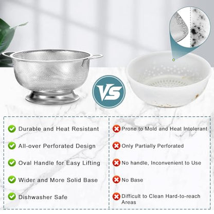 Pleafind 18/8 Stainless Steel Colander for Kitchen - 5 qt and 3 qt, Rapid-Flow Strainers and Colanders with Handle, Pasta Strainer with Sturdy Base for Stable Use, Rust-Resistant & Dishwasher Safe - size: 5Qt & 3Qt