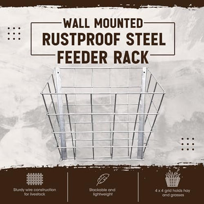 Rugged Ranch Galvanized Steel Livestock Hay Feeder Rack for Goats, Sheep, Horses and Cattle – 21"x16"x12", Silver, Wall-Mounted, Rust-Resistant, Lightweight and Stackable - size: 1 Pack