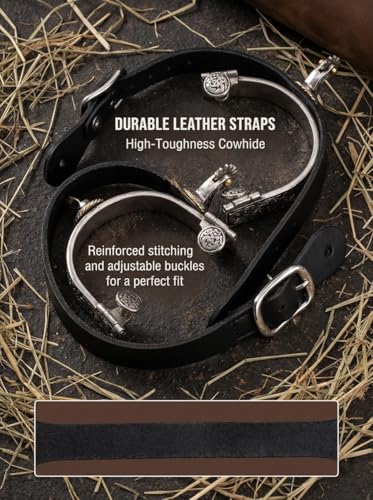 Western Cowboy Spurs, Paired with 6 Holes Spurs Belt, Stainless Steel Western Horse Spurs with Rotatable Gear, Leather Spur Straps Retro Fine Workmanship Men Women Horse Boot Spurs for Equestrian