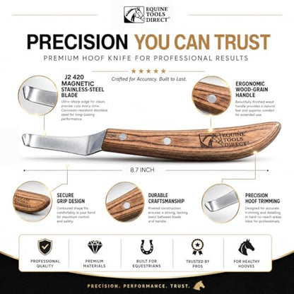 Right-Handed Farrier Hoof Knife, Curved J2 420 Magnetic Stainless Steel Blade, Ergonomic Wooden Handle, Horse Hoof Trimming Tool for Sole & Frog Paring