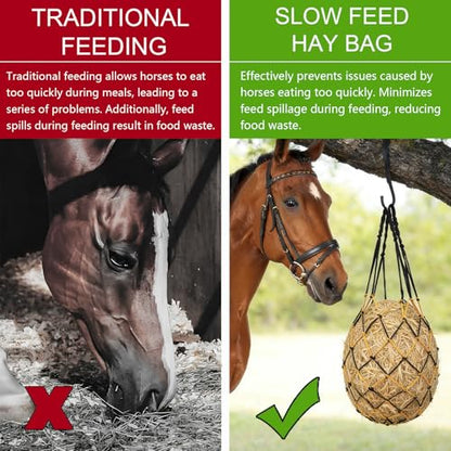 2 Pcs Slow Feed Hay Net for Horses, 34 Inch Hay Bags, Black - size: Black