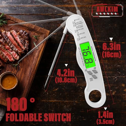 AWLKIM Meat Thermometer Digital, Instant Read Food Thermometer, White | Waterproof cooking thermometer with doneness chart, backlight, F/C switch for BBQ, candy, oil - color: White