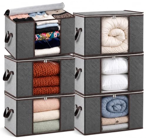 Storage Bags For Clothes - 6-Pack Collapsible Organizers for Blankets, Bedding & Clothes - Large 90L Zip Bags with Handles - Clear Durable Containers for Closet Organization (Grey)