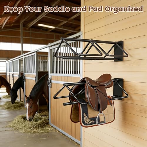 2 Pcs Saddle Rack Wall Mount with Saddle Pad Bar, 120-lb Capacity Heavy Duty Steel Horse Saddle Stand, Blanket Holder Tack Storage for Western English Saddles, Tack Room Barn Organizer, Black