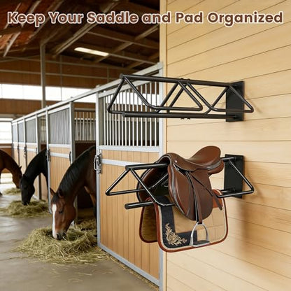 2 Pcs Saddle Rack Wall Mount with Saddle Pad Bar, 120-lb Capacity Heavy Duty Steel Horse Saddle Stand, Blanket Holder Tack Storage for Western English Saddles, Tack Room Barn Organizer, Black